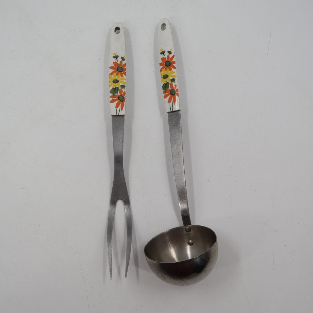 Ekco Serving Fork and Ladle Set Vintage White Orange Yellow Floral Stainless USA